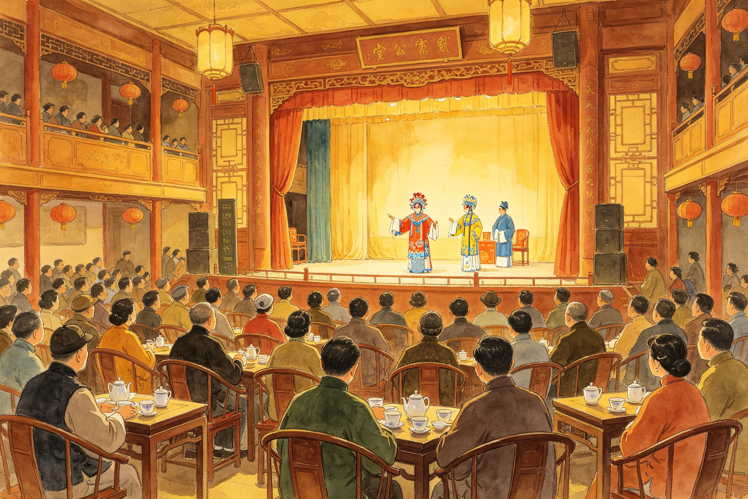京剧老戏园子观众听戏场景