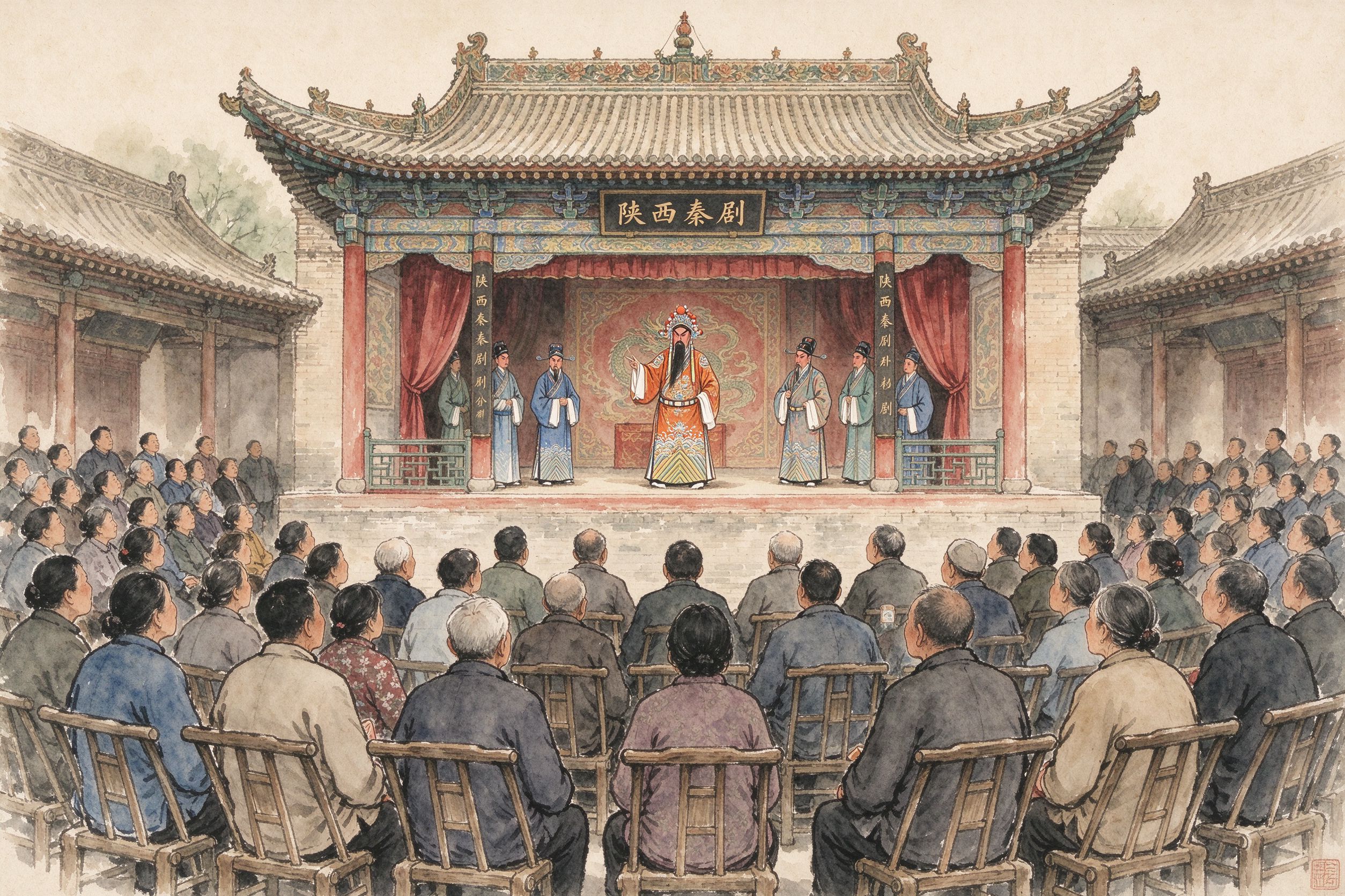 秦腔老戏园子听戏场景