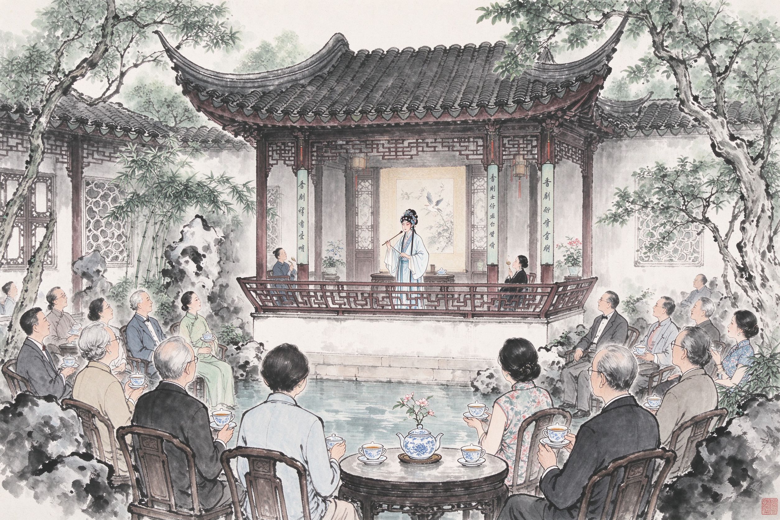 昆曲园林水榭演出场景